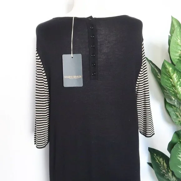 Marina Rinaldi Black Beige Viscose Wool Cashmere Striped Knit Shift Midi Dress - Picture 7 of 11